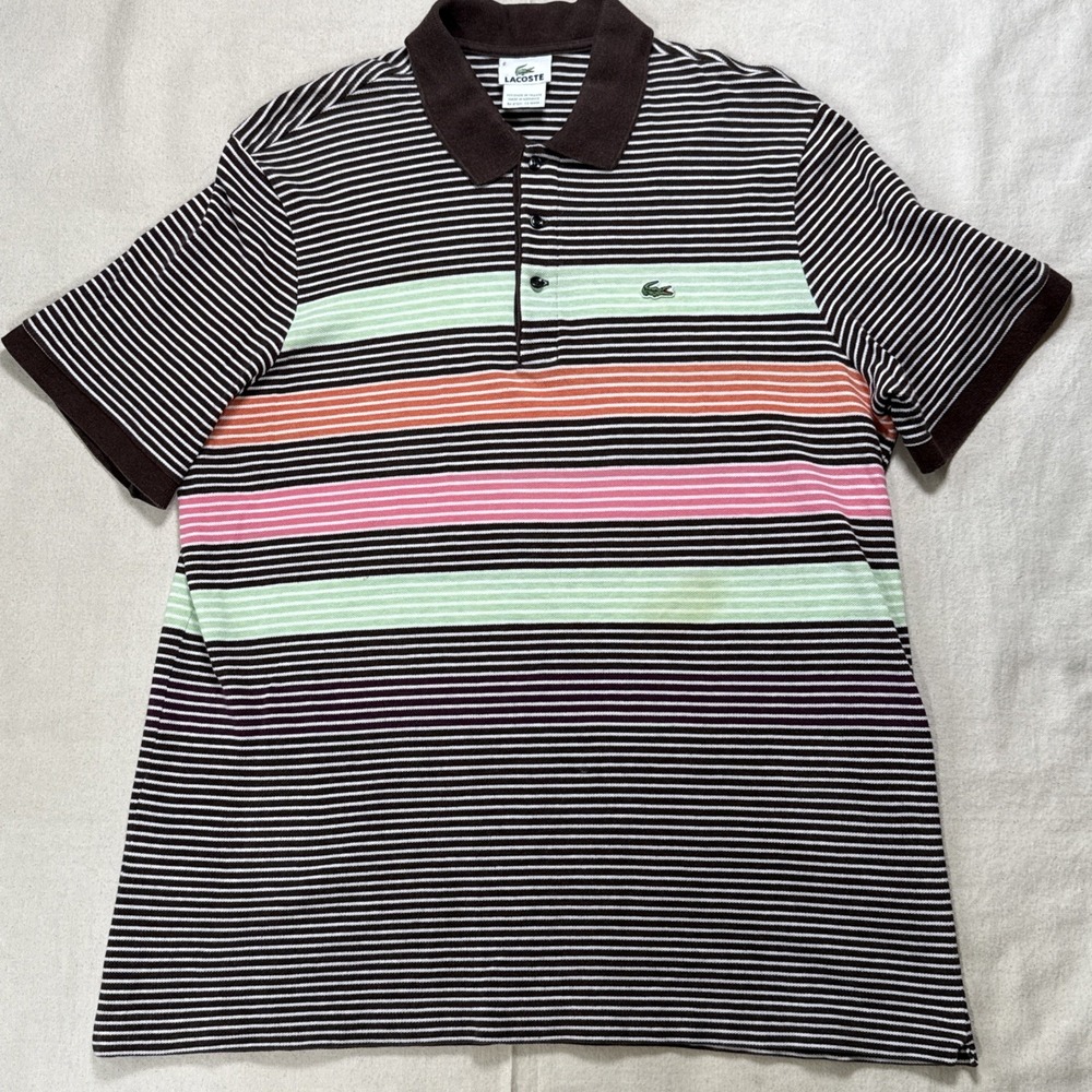 Vintage Lacoste Polo Shirt Mens Large Striped 100% Cotton Crocodile Stain - Picture 2 of 9